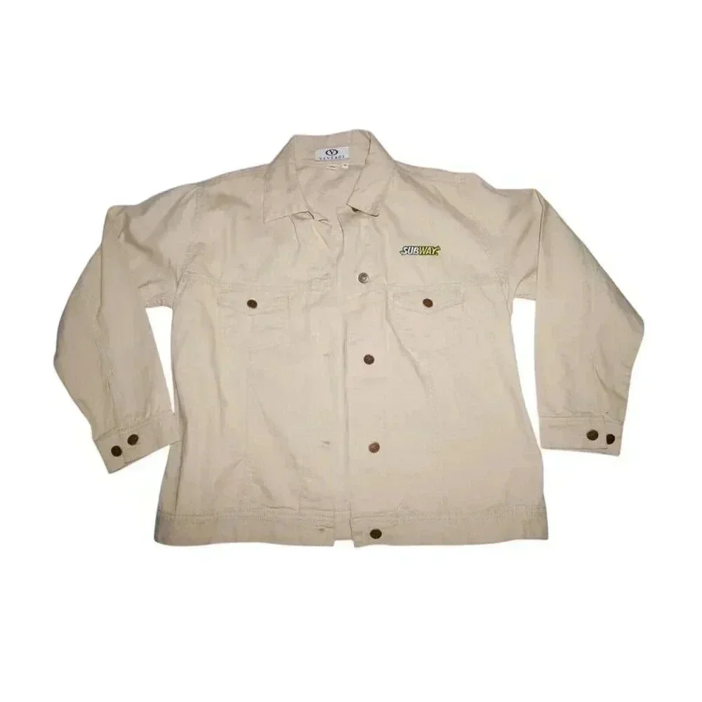 VTG Subway Sandwiches Womens M Restaurant Promo Tan Denim Jean Jacket RARE